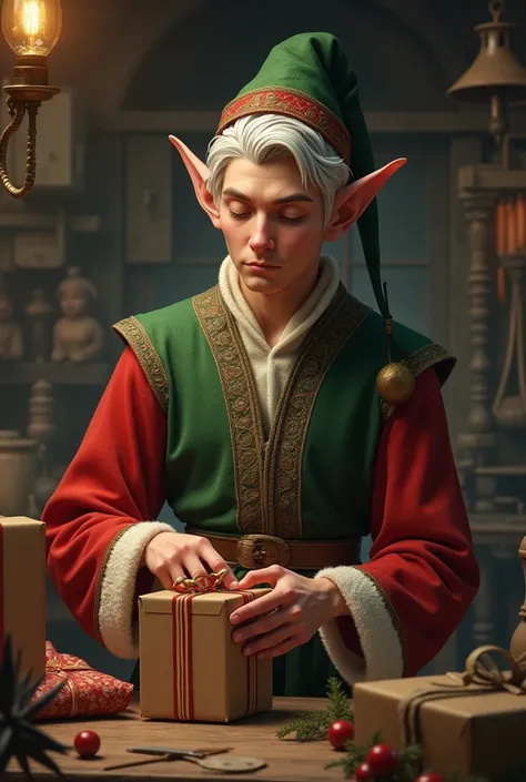 Adult male elf wrapping a gift in Santas workshop, realistic portrait.