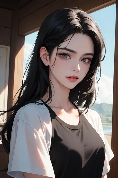 first-person view, (best quality, ((masterpiece)), Detailed Eyes, 8K resolution, cinematic lighting,digital art,detailed clothes,Semi-realistic, ultra detailed),((long hush cut, black hair)) smile, upstage,1 woman, korean, 35-year-old, ((white t shirts)),l...