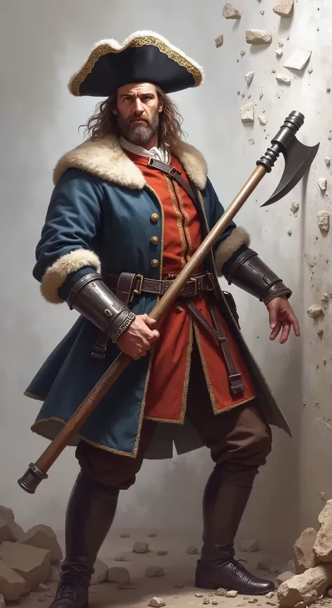 Russian tsar Peter the Great in outfit of XVII century soldier with long handle axe trying to break the wall, white background.