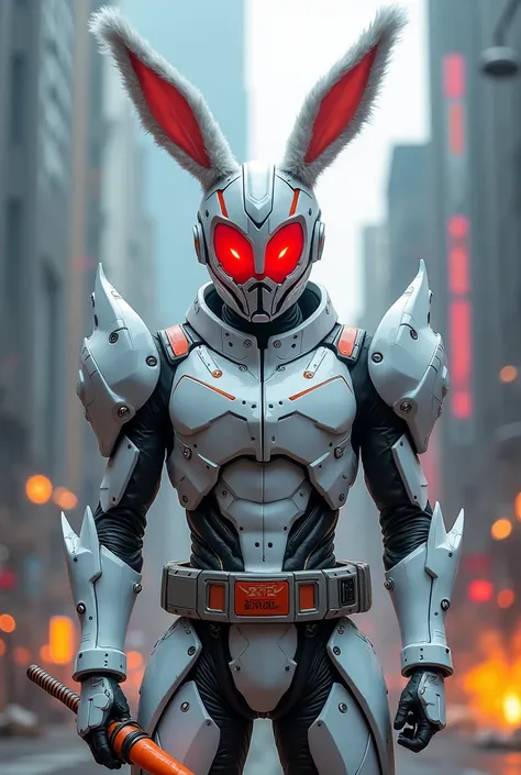 Generate Kamen rider affan,he has white armor long bunny ears rabbit teeth red glowwing eyes and carrot sword