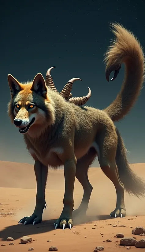 "A hybrid creature with the body of a fierce wolf and a large scorpion tail, standing alert in a desert at night. The creature has chitinous armor along its back, blending the textures of a wolf’s fur and a scorpion’s exoskeleton. The background shows a ba...