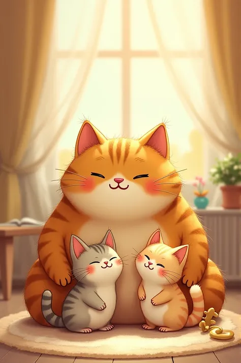  An image with a fat daddy cat, a cat and her kitten ,  with a written text that reads  "Birimbo Family " 