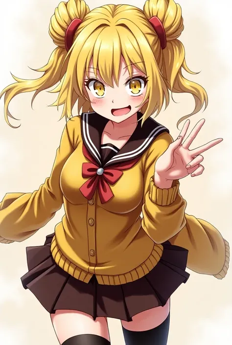 Toga Himiko, brown u.a school uniform, sailor collar, yellow eyes, bag under eyes, thighhighs, blonde hair, double bun, yellow cardigan, long sleeves, miniskirt, pleated skirt, slit pupils, huge breasts