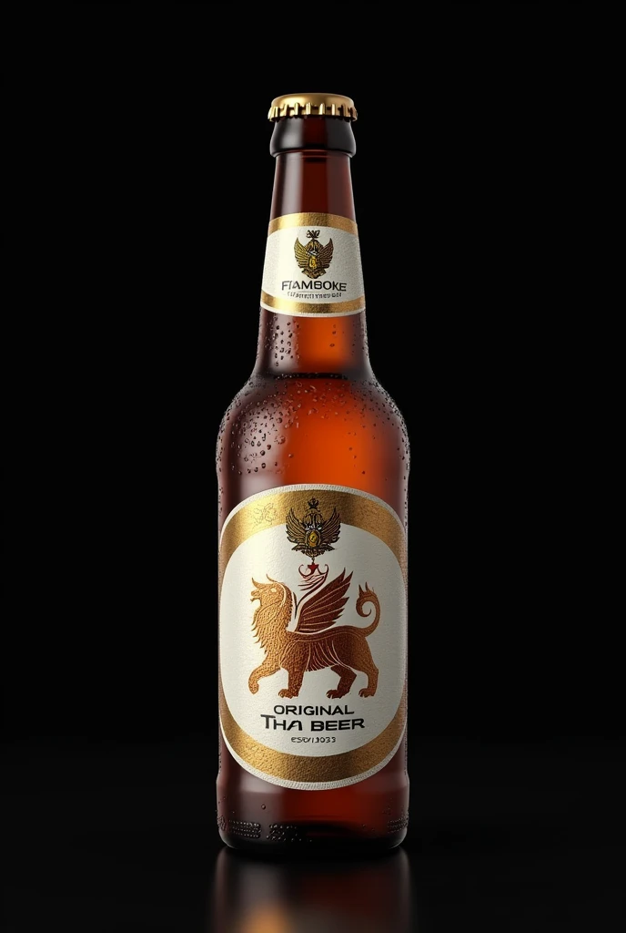 "Create a detailed image of a brown glass beer bottle with a white and gold label. The label should feature a traditional Thai mythological creature, like a lion, symbolizing Thai culture, and include the text THE ORIGINAL THAI BEER with the location BANGK...