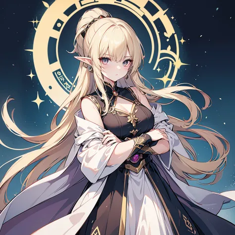 Eye patch、Witch costume、elf、grimoire、magic circle、A look that seems to be relaxed、Long Hair, chest, Blonde, ponytail, Pointy Ears, Highest quality, Snap your fingers、One Woman, Detailed face, Soft Lighting, Soft Light, Soft Focus, Perfect Face, Beautiful a...