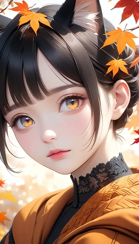 a minimalist, melancholy, autumnal-colored CG unit, conceptual image, autumn, luscious vivid colors, ink art overlay, ultra-retina-realism, super-fine-detail-tuned, artistic-realistic, uses the ultimate fine mist spray, 1girl, detailed eyes, detailed nose,...