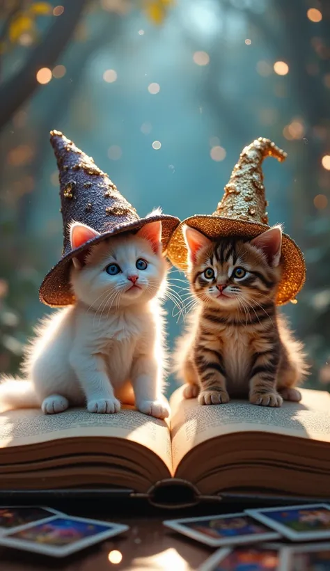  The white kitten and brown kitten from the cute wizard are dressed as fantasy characters. The two white and brown kittens .  These two little kittens are wizards and live in a fantasy world , The fantasy world is sparkling and beautiful ,  beautiful view ...