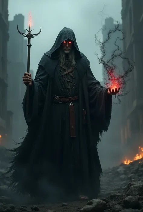 A wizard emanating a dark energy , with dark eyes in a dark and dark environment in the midst of a war.  Ultra realistic,4K.