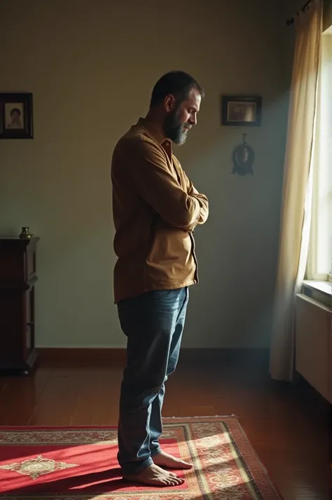 A scene of the husband standing alone in contemplation with a prayer mat nearby. His expression reflects realization and remorse as he reflects on his spiritual state. The setting is simple, with minimal decoration