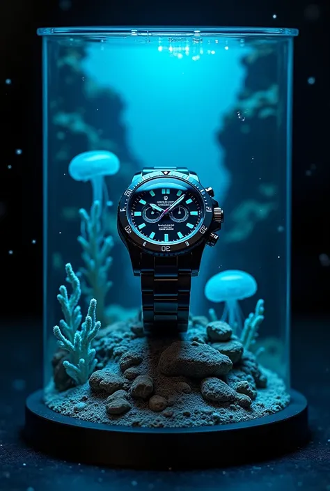 "Create a 17 x 17 cm extreme underwater display for a durable watch, inspired by the depths of an oceanic trench. Use rust-resistant metal with a matte black finish and chrome accents to evoke deep-sea diving equipment. The display base should mimic the ru...