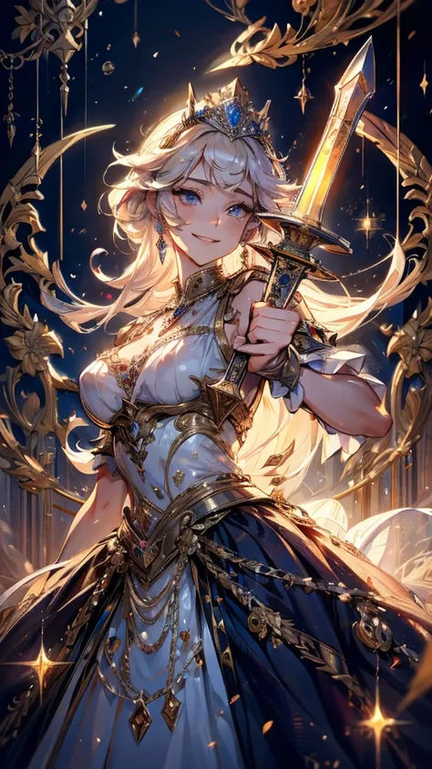  best quality， official art ，8K wallpaper， Extremely detailed，Illustration，A Princess with a Beautiful Sword 。 Luxurious Dress Studded with Jewels、 An Intricately Designed Sword 。 Beautiful Artistic Art 。 Fantasy 、fighting princess 、smile