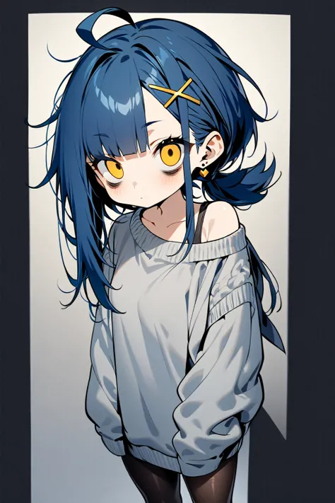 High image quality
 1 girl ,  Golden Eyes ,   Blue Hair、 shortcuts,   low ponytail in tights、  Earrings for One Woman ,  Ahoge,   asymmetrical bang ,  x-shaped hair ornament,  Oversized sweater showing left shoulder、 hotpants、  outer corners of eyes are lo...