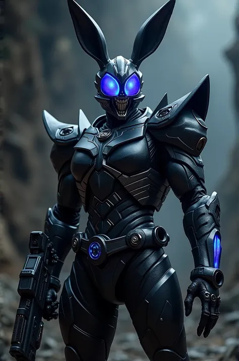 Generate Kamen rider sutharsan, he has black armor, long sharp ears, rabbit teeth, blue shade visor blue claw armor, carrot gun 