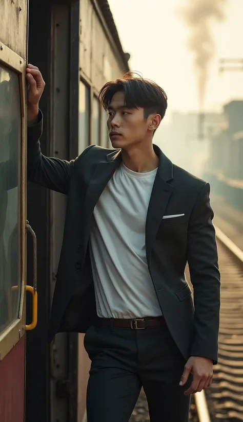 Subject: Young, muscular Korean male model, holding onto the side of the train, ready to board
Details: Wearing a form-fitting, open-collared jacket over a plain T-shirt
Environment / Background: Vintage train platform with steam from the train in the back...