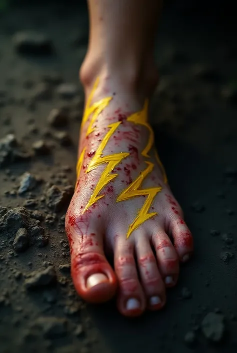 Barefoot close-up from above , Scratches、 chilblains are red、 yellow lightning is running on the foot、