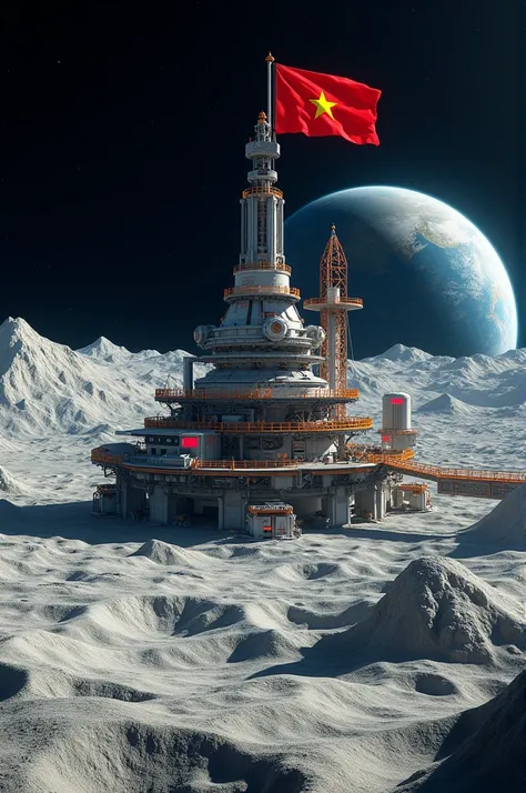  Building a mineral mining station on the moon,with the flag of vietnam  