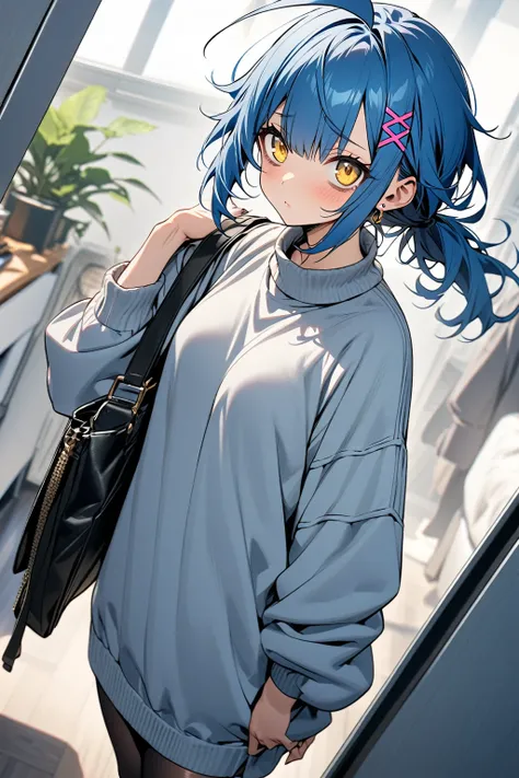 High image quality
 1 girl ,  Golden Eyes ,   Blue Hair、 shortcuts,   low ponytail in tights、  Earrings for One Woman ,  Ahoge,   asymmetrical bang ,  x-shaped hair ornament,  Oversized sweater showing left shoulder、 hotpants、  outer corners of eyes are lo...