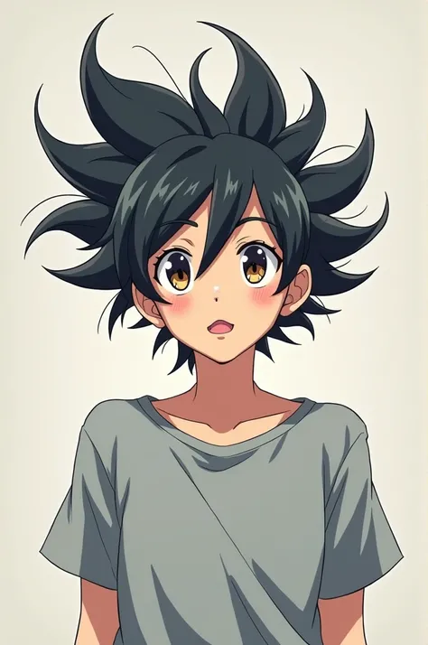 Generate an anime character with Gray shirt and fizzy hair 