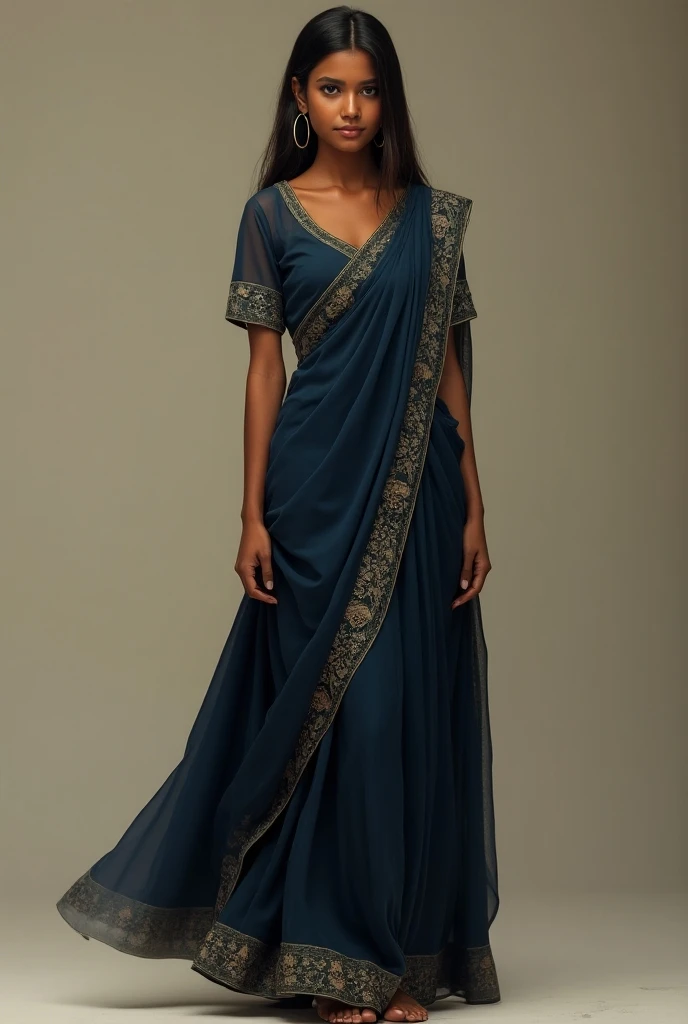 A brown skin girl standing and wearing a proper Indian outfits with straight hair and small waist in dark blue dress
