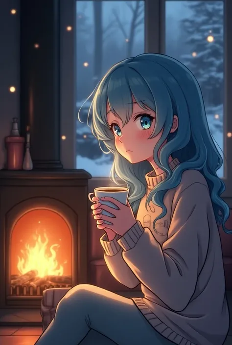  Girl with blue ,  curly ,  long hair,  ,  in a sweater ,  bright blue eyes , sitting by the fireplace , winter,  outside the window there is snow,  in the hands of coffee .  Anime style 