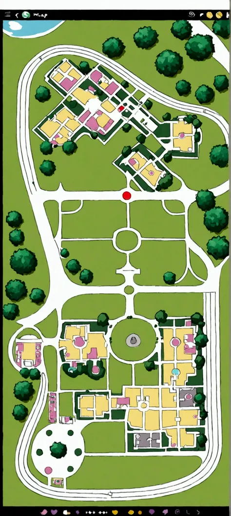 "Create a whimsical, fantasy-style map of a university campus. The buildings are shown in yellow and the green areas represent lush, magical gardens. Each building type is marked by colorful dots: red dots for dormitories, orange for enchanting dining hall...