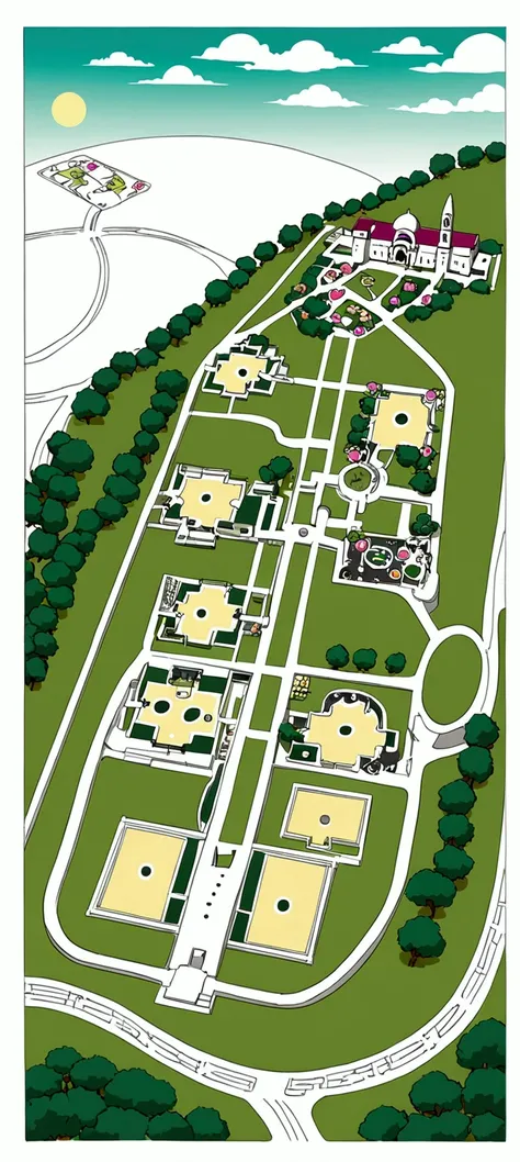 "Create a whimsical, fantasy-style map of a university campus. The buildings are shown in yellow and the green areas represent lush, magical gardens. Each building type is marked by colorful dots: red dots for dormitories, orange for enchanting dining hall...