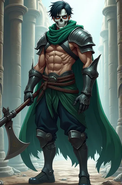 A young man with black hair and blue eyes, a strong and muscular body, carrying a sickle, wearing a green scarf and a little armor on his pants.Anime drawingsWearing black armor medieval knight armorHe wears a white skull mask on his face, but the skull ha...