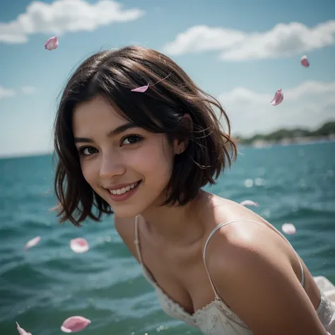 One beautiful and delicate portrait of a playful cute young woman with short boyish hair, black hair, emerald green sea, mischievous smile, dancing petals, (top quality, masterpiece, ultra-realistic) and petals floating in the background