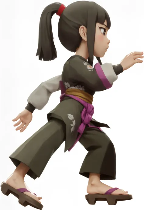  A cartoon of a running Japanese girl looking up is more graphic， running sideways ，Narrow eyes，Asian Japanese Female Eyes ， Serious and ferocious ， wearing a black Japanese kimono ， with a purple belt around her waist ， is called black wooden clogs ，Weari...