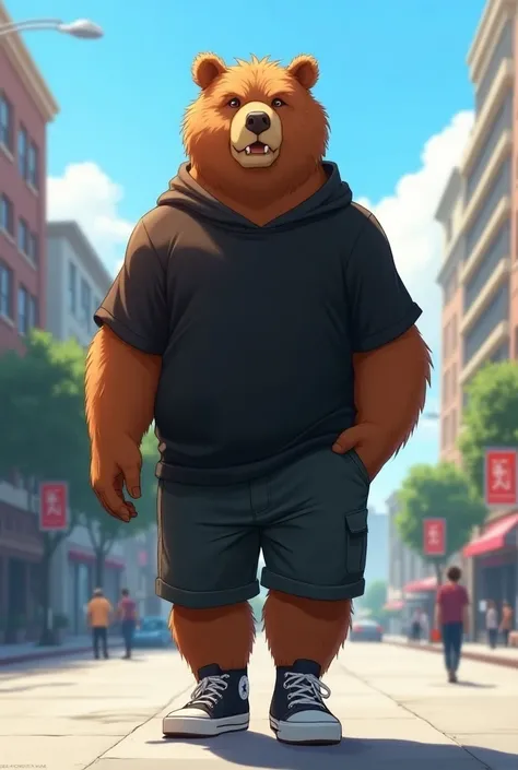 A young tall brown bear ,  furry style with college look ,  dressed in a black sweatshirt,  black khaki and converse shorts ,  walking down the street during the day , with blue sky  ( anime style, not cartoonish )