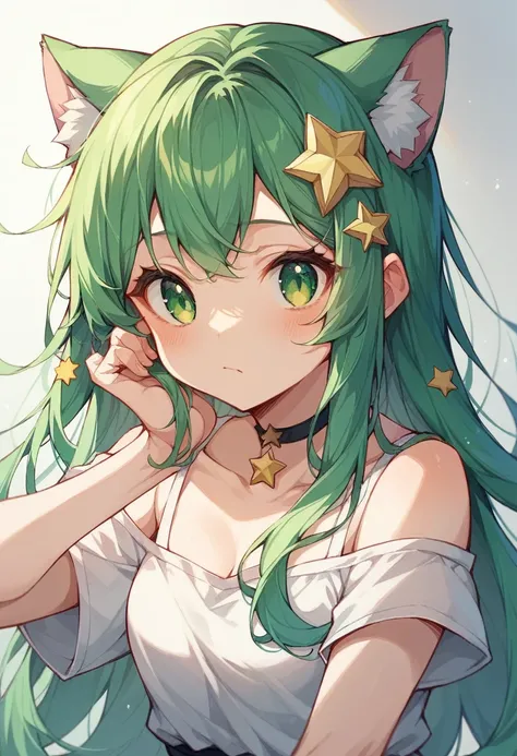 Star hair ornament、cat ears、Star image 、、  girl、 cute、 emerald green hair on the top of the head、Emerald green eyes、 long hair、 poses 