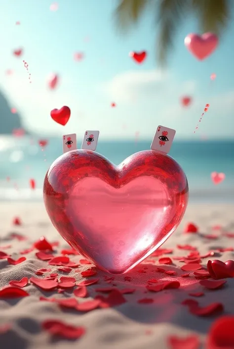 There is a big blue heart-shaped glass on the beach，There are heart card on it, no dof, 👁🌹👾, User photo, red hearts, screen cap, Beautiful composition 3 - D 4 K, ❤🔥🍄🌪, 3 d ornate carved water heart, wallpaper hd, The edge of nothingness of love, unreal-eng...