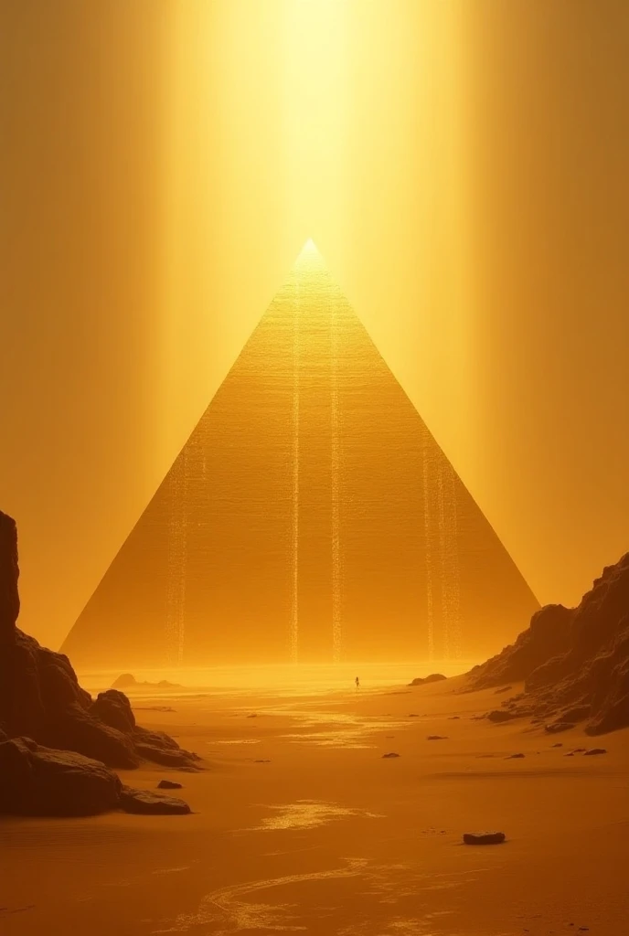  I want an image that is of a pyramid made of gold in the middle of the desert.
Under this pyramid is falling rays  
