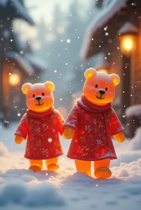  Bears made of gummies 、 walk through the streets of fresh cream、Scenery is Christmas 、 Candlelight 、 Bears arent too big 、 realistic wearing kurta、8k