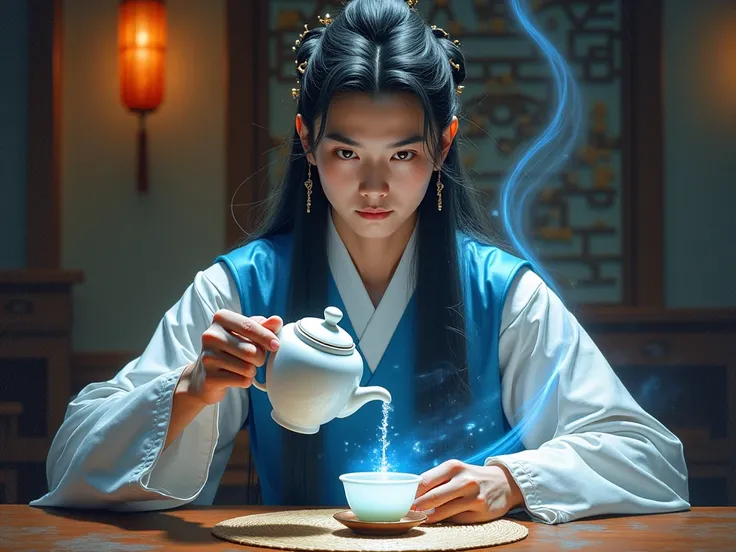 the oil painting, ultra high quality, very detailed, chinese male martial art in chinese tea house he is a pale 20s man chinese male martial art or holy martial art white skin, pure white skin, long flowing black hair, very handsomes. he wearing blue,white...