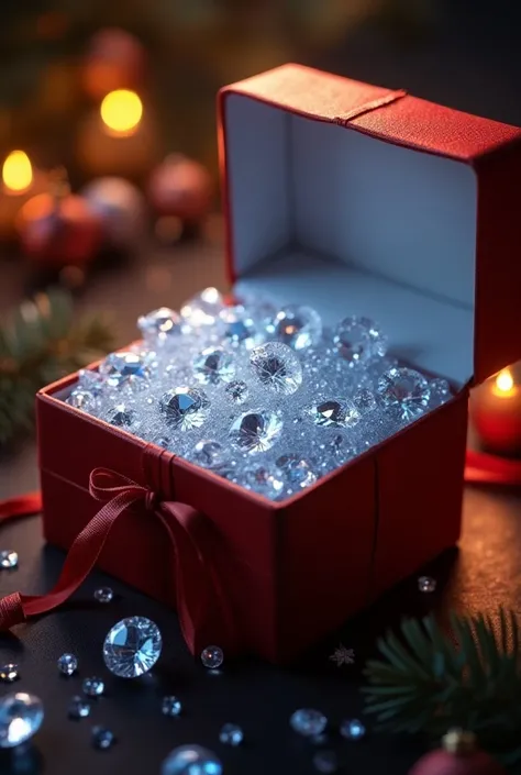  Whats inside the Christmas present box 、 lots of diamonds 、Light is reflected and beautiful 、 Fantasy 、 Christmas、 realistic、no people、 The angle of view is looking down at the contents of the box from above