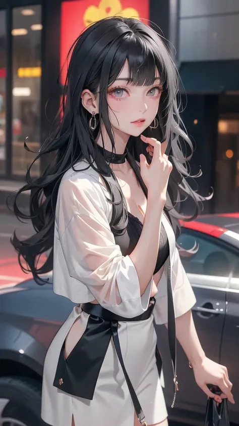 masterpiece, best quality, PIXIV, cool girl, lots of piercings, earrings, Black hair, curly hair, blunt bangs, straight bangs, gray eyes, pale skin, gal, gyaru