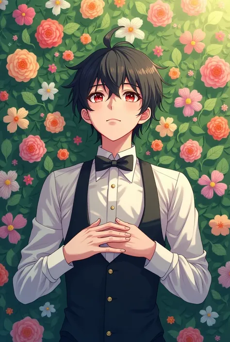 A guy in a butler outfit laying in a flower garden he has red pupil and black hair, he is a young man with plane skins and looking up in the camera, his is holding a flower in his hand while other rest on his chest 

In anime style