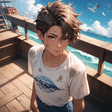 An older tomboy, Dirty skin, Guy appearance, tanned skin, with short brown hair, an Expressionless face, large brown eyes, stands on a wooden ship deck, a plain white dirty shirt and blue pants, and a flat chest, giving a sense of a hardworking life at sea...