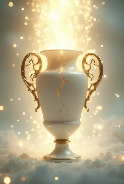  White vase with handles on both sides with broken or cracked heavenly engraving sealed with gold. Suspended in the skies of light . Waters of life and crystals and full light they sang and they overflow downward
