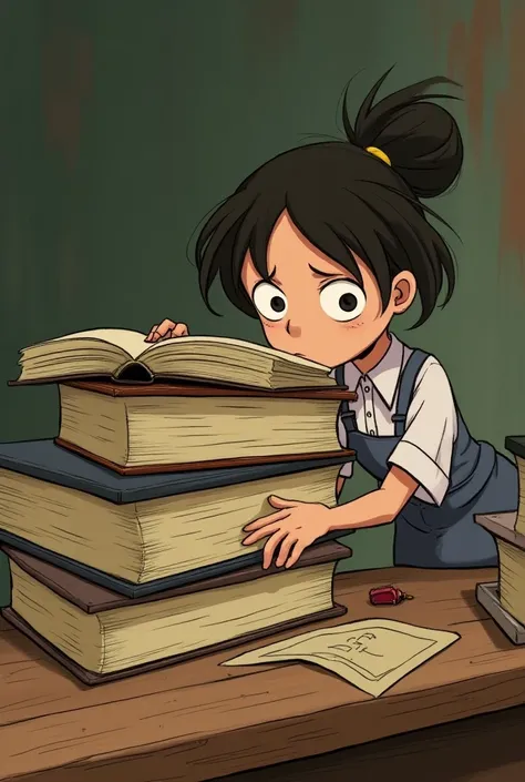 Ghibli style， against a wooden table with her face ， struggling to say a book，Stacked by many books 