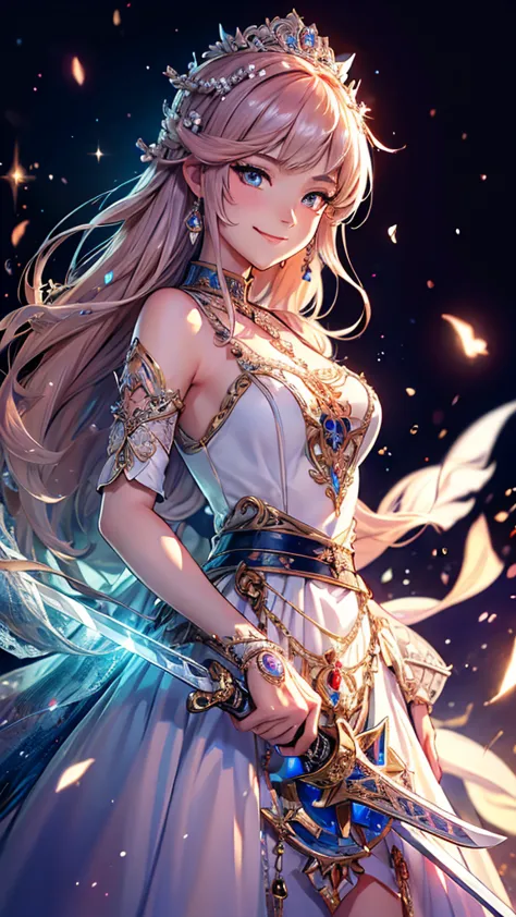 best quality， official art ，8k wallpaper， extremely detailed，illustration，a princess with a beautiful sword 。 luxurious dress st...