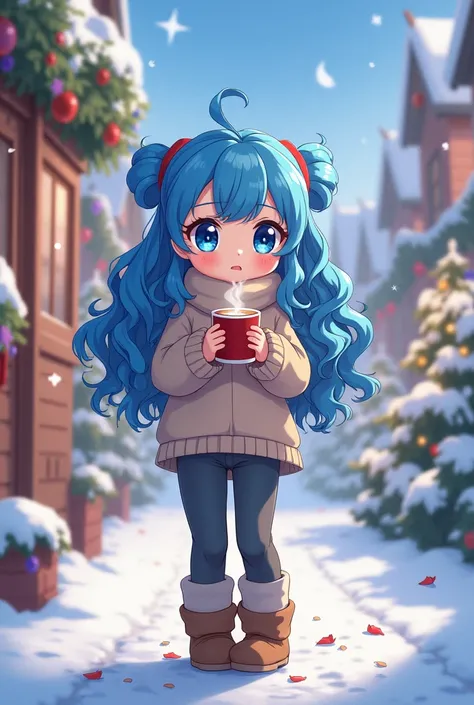  Girl with blue , curly , long hair ,  bright blue eyes ,  ,  on the street , there is snow ,  in the hands of cocoa ,  in a sweater and in nice pants,  everywhere decorated with .  Anime style  