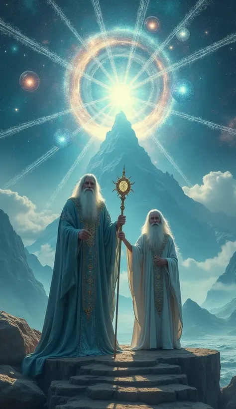 Low angle shot, movie poster. Two bearded hermits, pale skin, one small and one large, holding a golden staff. The small one with a bent back, both look mysterious, like spiritually awakened sorcerers, walking towards the camera on an ancient crystal pedes...