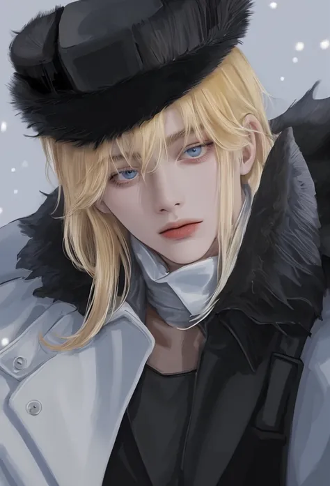 boy, Light yellow hair , Blue eyes,  sharp features ,  white skin, (black Soviet fur hat), While its snowing , battleground, Soviet soldier , (( black fur coat )), All clothes are black , Close-up view,  good-looking, Garma