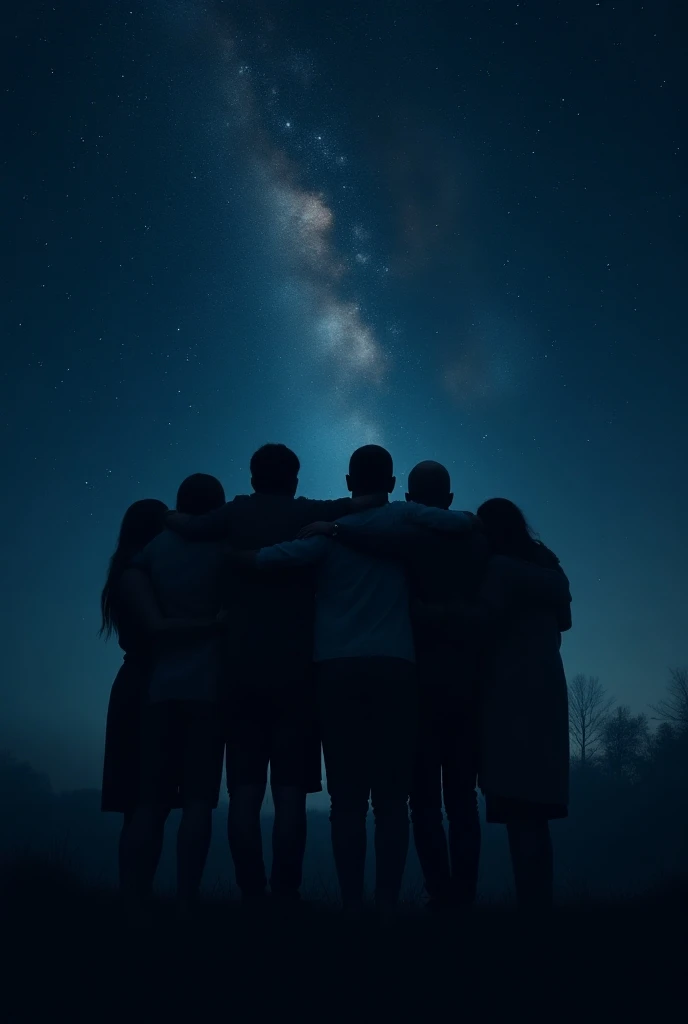 A couple of men and women embracing each other on a dark night with Via Lacte in the background 