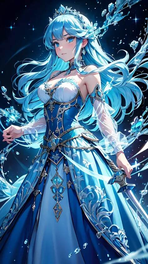  best quality， official art ，8K wallpaper， Extremely detailed，Illustration， Princess with a Beautiful Blue Sword 。 Gorgeous Dress studded with blue jewels、 An Intricately Designed Sword 。 Beautiful Blue Artistic Art 。 Fantasy 、fighting princess 、剣を構えてfight...