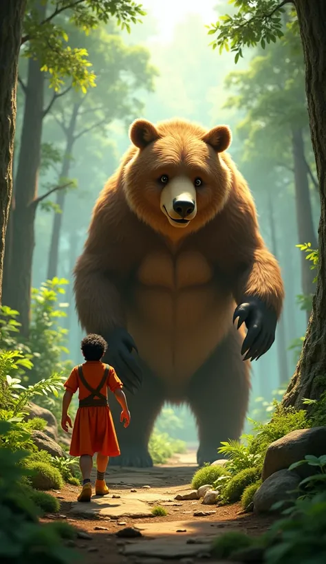 Create high quality 4k A big bear is seen in the forest, in front of Raju and Vinod  3D Pixar cartoon style 