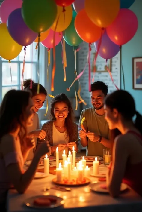 six friends, one birthday girl, decorating home, birthday, balloons, ribbon, candles,