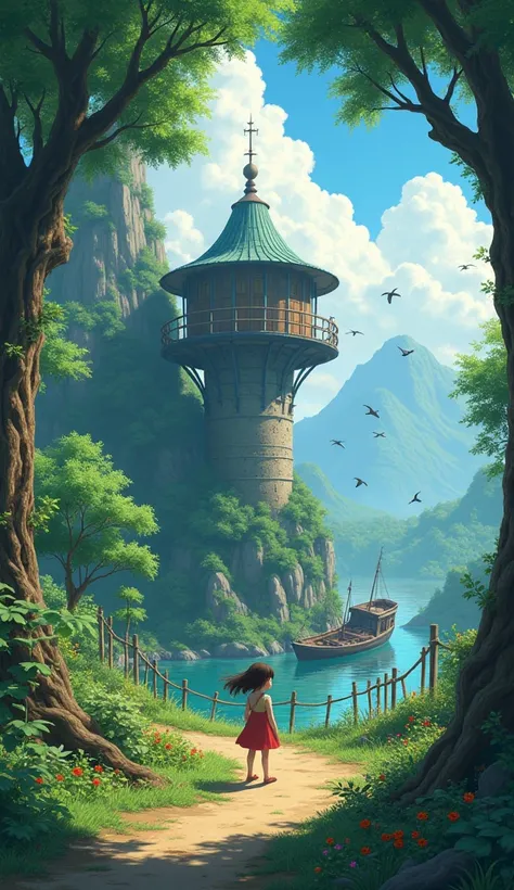 （（（Ghibli style）），（8k），（highly），（detaled），wide angle,softlighting, elaborate，Ancient Watchtower 、Tall Tree々、Big Tree、 Jungle，mountain， flower、 fence、bird、Shipwreck、 Studio Ghibli anime、 Anime Illustration 、 Movie Lighting,Pokemon and the Girl 